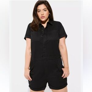 Torrid Button Front Romper Black Size 16 Pockets Short Sleeve Cotton Adjustable